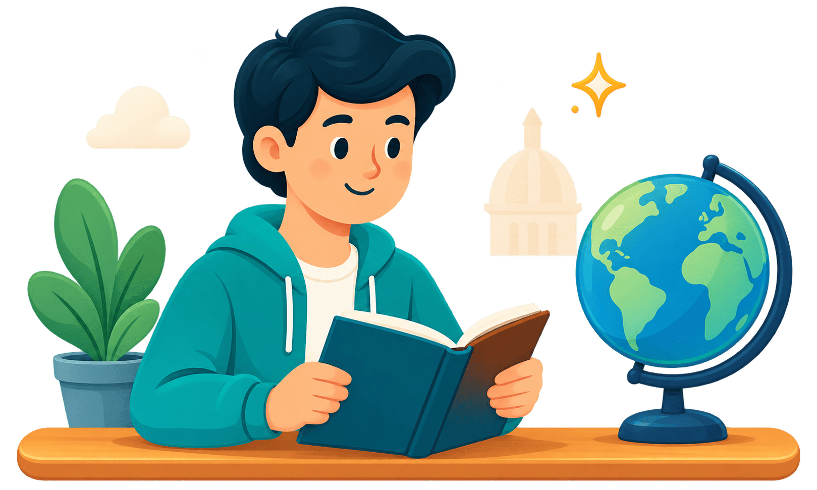Learner reading beside a globe